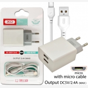 XO wall charger L65 2x USB 2,4A white + microUSB cable